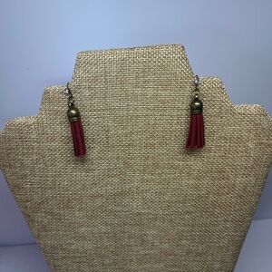 Rustic Western Burgundy Faux Leather Tassel Earrings with Crystal Accent